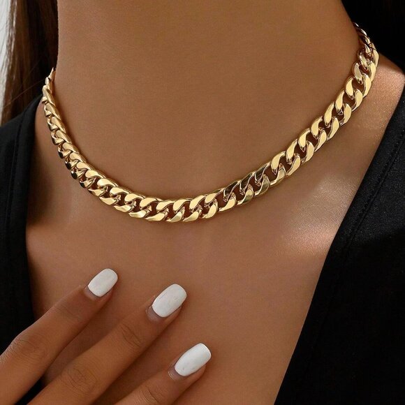🆕Women Gold Cuban Choker Necklace Chunky Chain Clasp Toggle Herringbone Jewelry - Picture 2 of 6